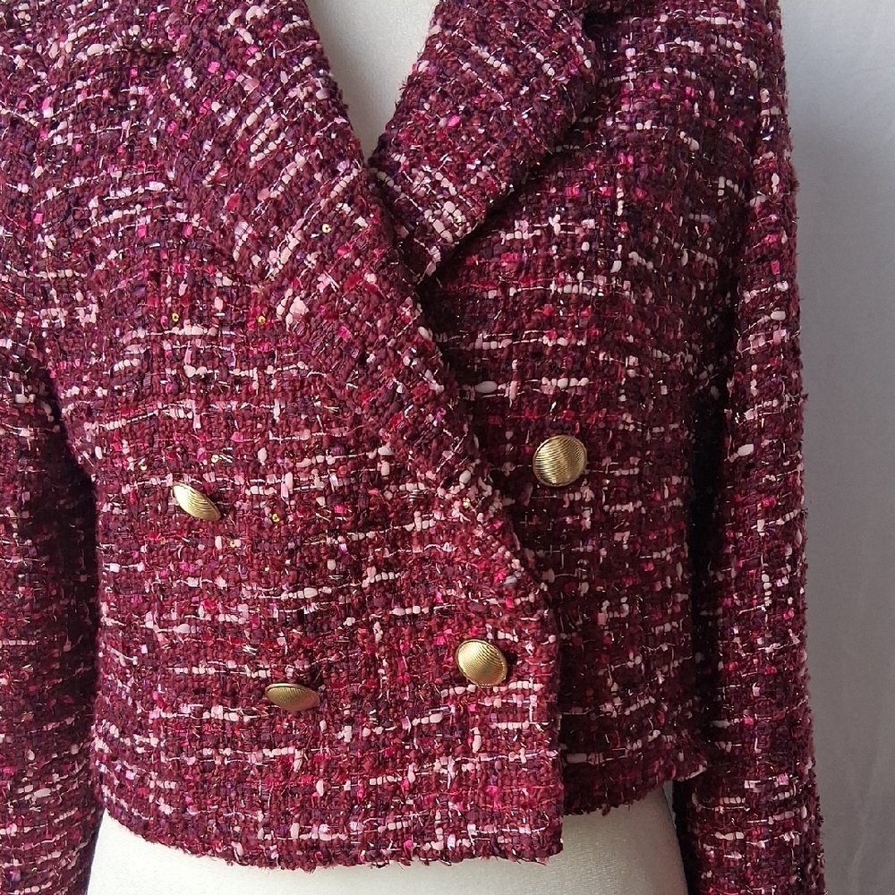 House Of Harlow 1960 Tweed Cropped Double-Breasted Jacket - Burgundy S - Picture 4 of 6